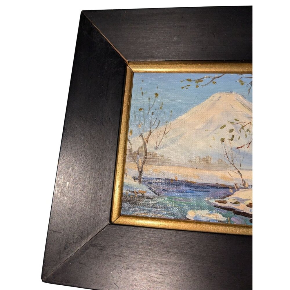 Set Of 4 Hand-Painted Mount Fuji Seasonal Scenes in Black & Gold Wooden Frames - Picture 9 of 16